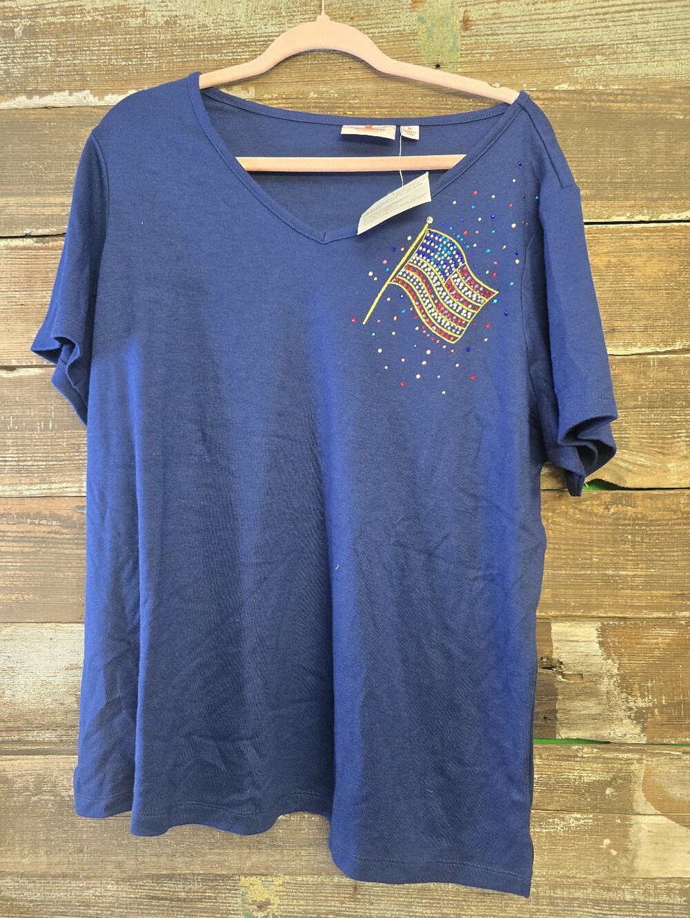 Quacker Factory Patriotic Rhinestone Flag V-Neck Tee - Navy, Size 1X, NWT